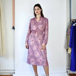 70s Geometric Print Pink Dress Midi Boho High Waisted Secretary Vintage Long Sleeve Bohemian Medium Large Size image 1