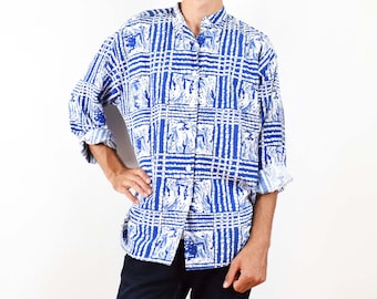 Vintage mens shirt, blue shirt, abstract pattern, 90s shirt, 90s clothing, vintage menswear, geometric blouse, print shirt