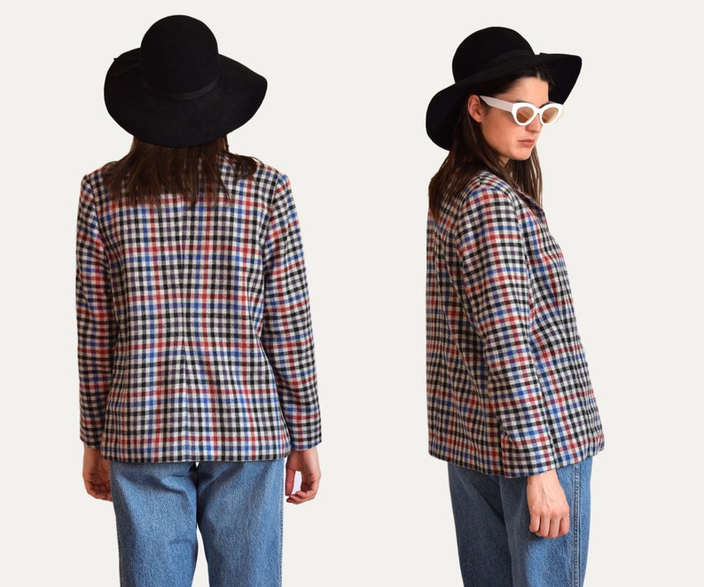 80s clothing women/'s blazer Vintage plaid blazer oversized blazer medium size blue blazer 80s blazer wool blazer