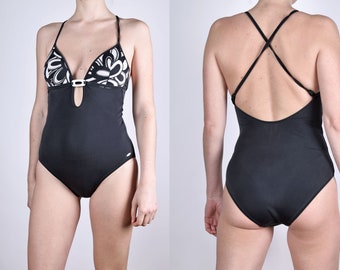 Vintage One Piece Black and White 90s Swimsuit Medium Size M