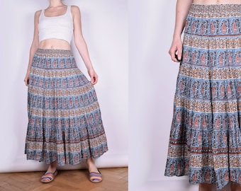 Vintage 00s Abstract Print Pleated Skirt Maxi High Waisted Elastic Waist Colorful Summer Retro Vintage Medium size M
