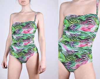 vintage One Piece Abstrait Jungle Print Coloré 00s Maillot de bain Taille Moyenne M