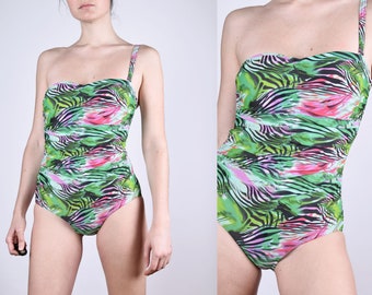 Vintage One Piece Abstract Jungle Print Colorful 00s Swimsuit Medium Size M