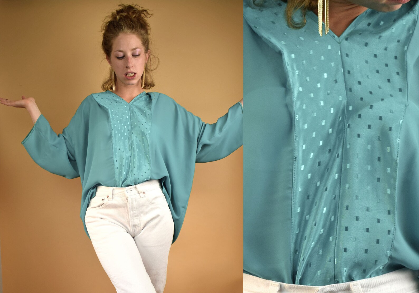 Vintage 80s White Turquoise  Black Geometric Print Peplum Blouse