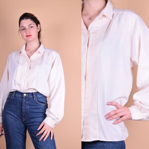 Light Pink Peachy Women&#39;s 1980s Long Sleeve Blouse Collared Size M/L