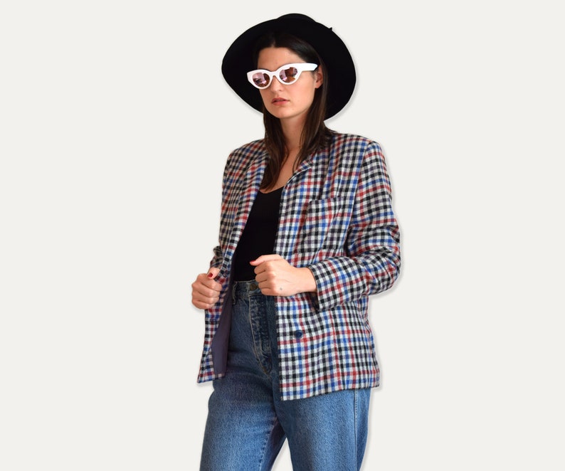80s clothing women/'s blazer Vintage plaid blazer oversized blazer medium size blue blazer 80s blazer wool blazer