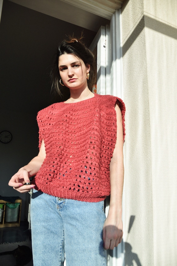 vintage 70s orange knit sleeveless top ribbed tangerine top boho knit vest mod sleeveless vest scoop sweater tank