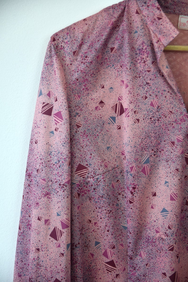 70s Geometric Print Pink Dress Midi Boho High Waisted Secretary Vintage Long Sleeve Bohemian Medium Large Size image 6