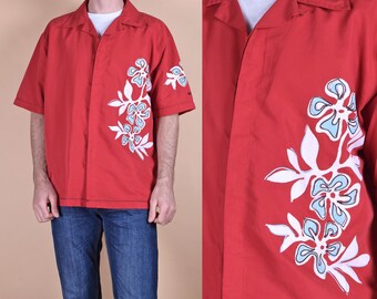 Vintage Size L Hawaiian Floral Print Red Shirt Short Sleeved Summer Shirt 80s 90s Shirt Summer Men's Shirt L