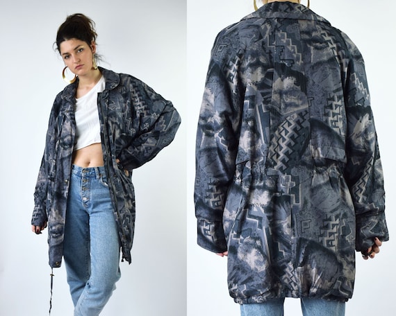 Vintage 80s silk parka, purple parka, large size