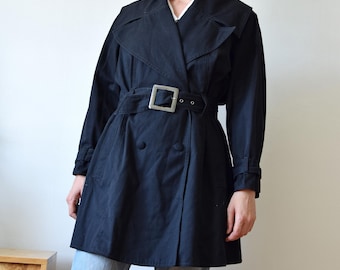 Vintage black cotton trench coat for women midi raincoat Belt Windbreaker medium large size
