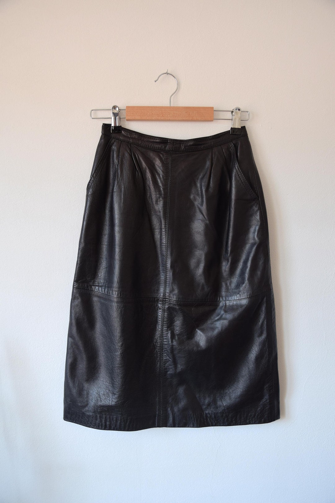 Vintage Studded Waist Black Leather Mini Skirt