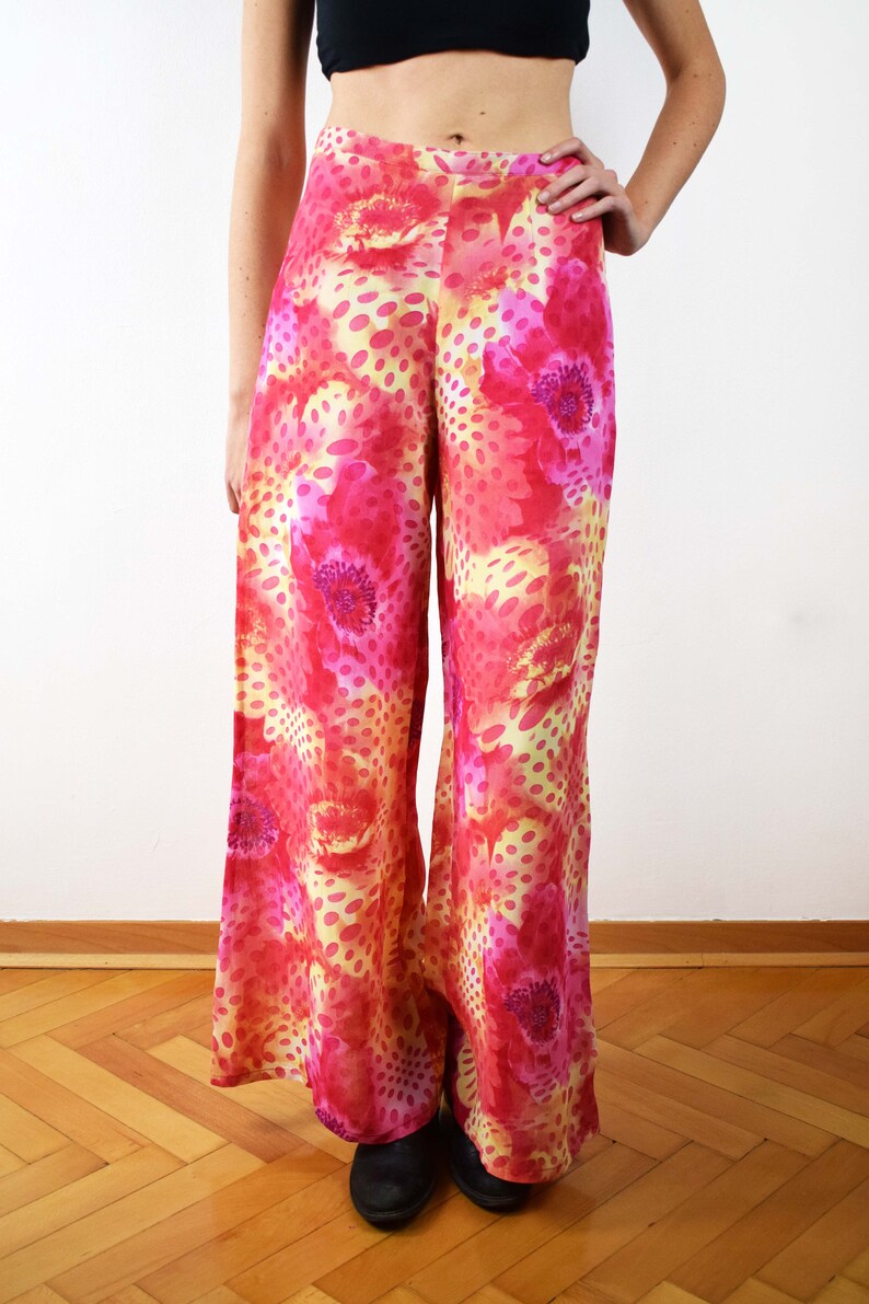 Vintage pink floral pants 70s floral pants high waist pants womens palazzo pants hippie pants palazzo pants small size