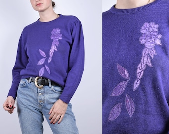 Suéter de aplicación púrpura 80s Boho Suéter floral púrpura Suéter de punto Jersey jersey vintage Pequeño tamaño mediano