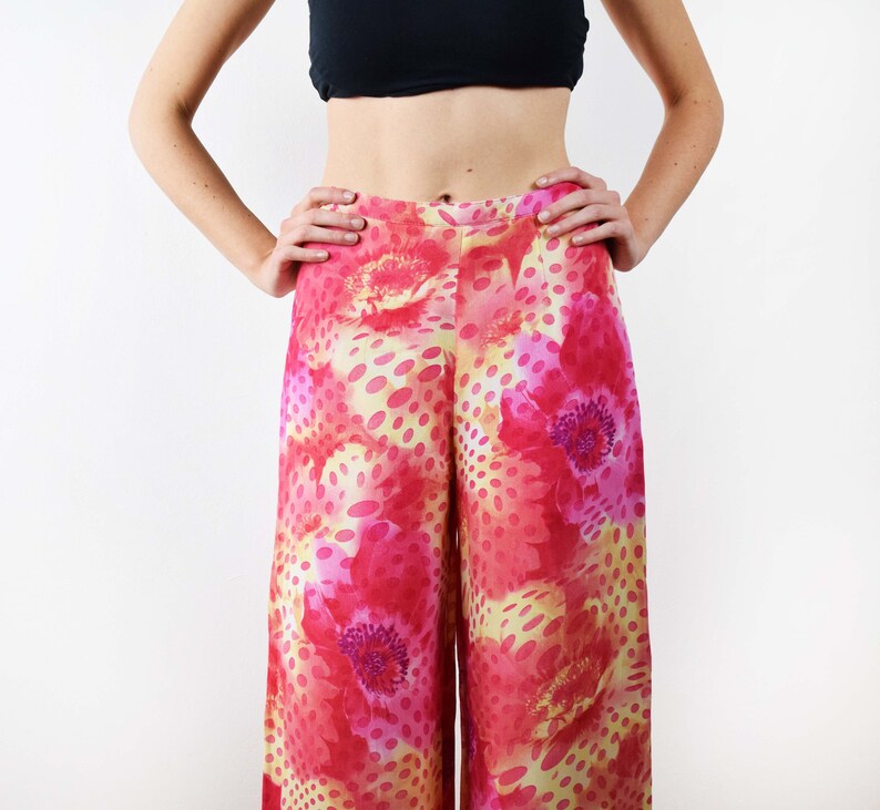Vintage pink floral pants 70s floral pants high waist pants womens palazzo pants hippie pants palazzo pants small size