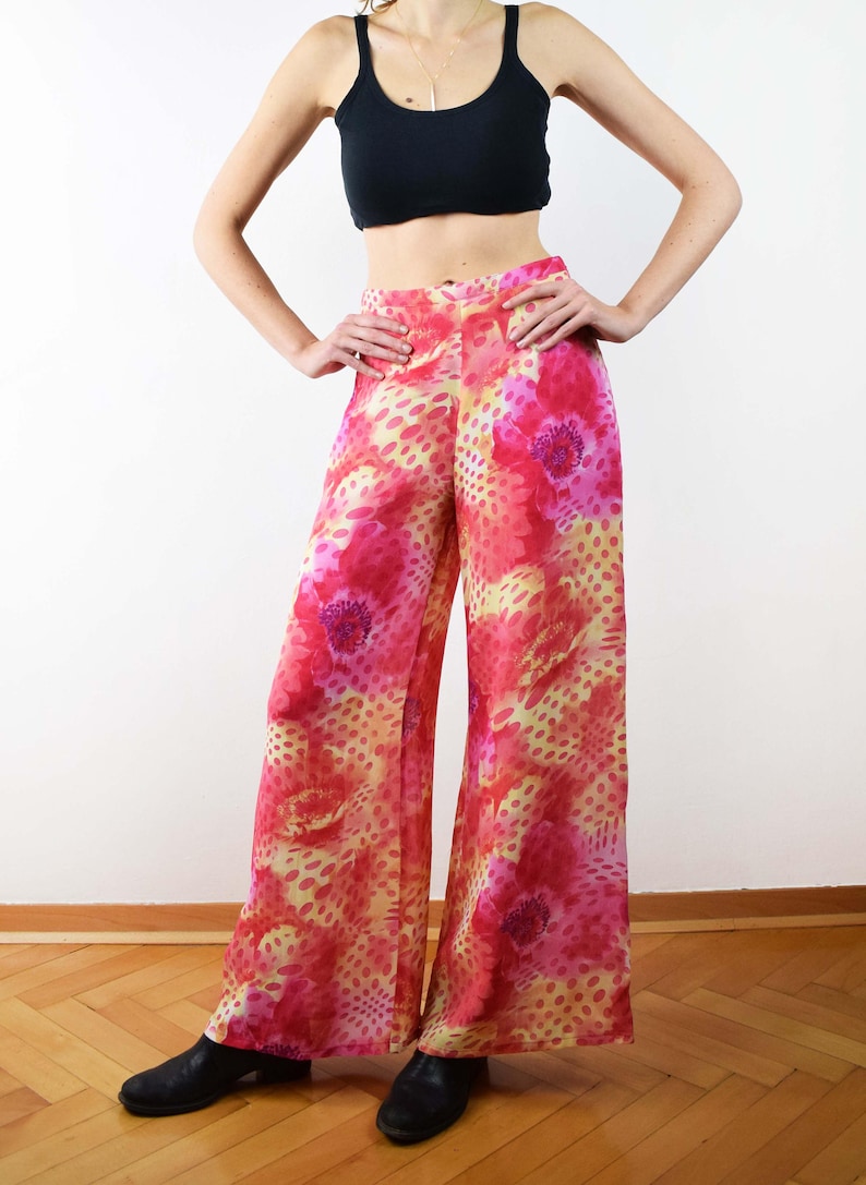 Vintage pink floral pants 70s floral pants high waist pants womens palazzo pants hippie pants palazzo pants small size