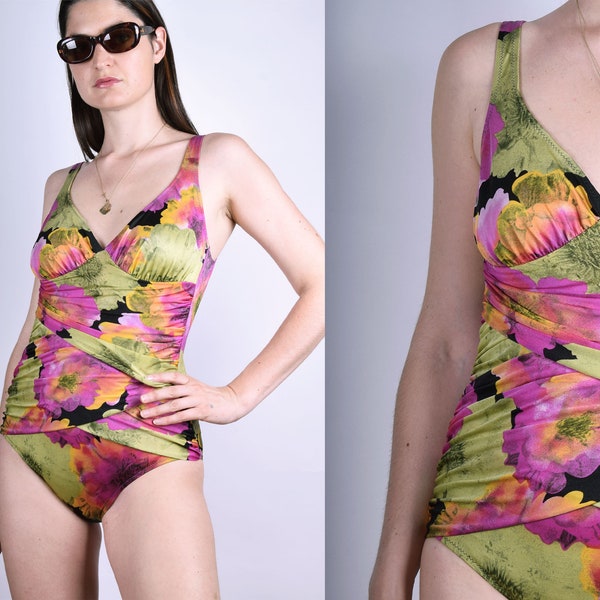 Vintage One Piece Pink and Green 90s Floral Print Swimsuit 1990 Medium Size M