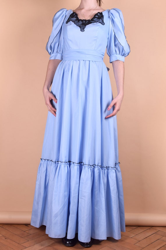 Retro Baby Blue Vintage Floral Dress Asymmetrical Hem Formal Prom Gown