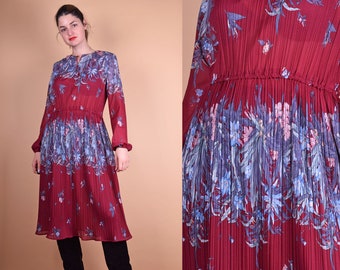 Rouge et bleu 70s Femmes Boho Floral Imprimé Robe Taille Moyenne M Taille