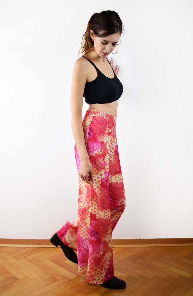 Vintage pink floral pants 70s floral pants high waist pants womens palazzo pants hippie pants palazzo pants small size