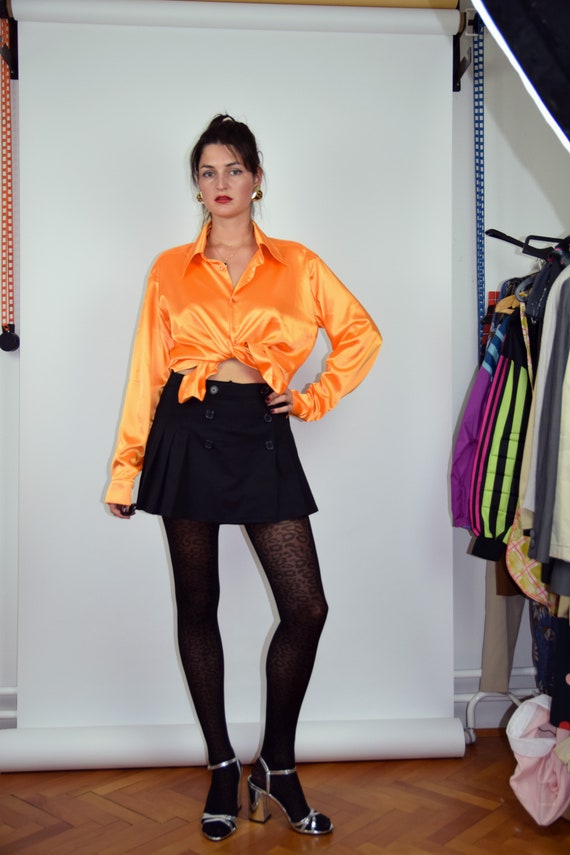 Vintage neon orange shiny blouse, M/L size