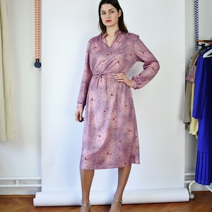 70s Geometric Print Pink Dress Midi Boho High Waisted Secretary Vintage Long Sleeve Bohemian Medium Large Size image 3