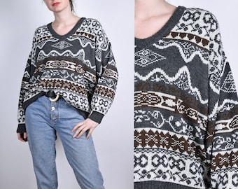 Vintage 80s Sweater Geometric Striped Slouchy Sweater Abstract Floral Grey Brown 90s Pullover Acrylic Knit Sweater Vintage Medium