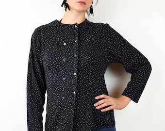 Vintage Bluse, 80er Jahre schwarzes Top, Polka Dot Oberteil, Vintage lange Ärmel Spitze, Taste nach oben oben, mittlerer Größe, 80er Jahre Grundlagen der 80er Jahre Bluse, 80er Kleidung