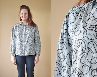 Silver blouse, button up blouse, abstract top, long sleeved blouse, 90s print blouse, plus size blouse, plus size top, plus size vintage