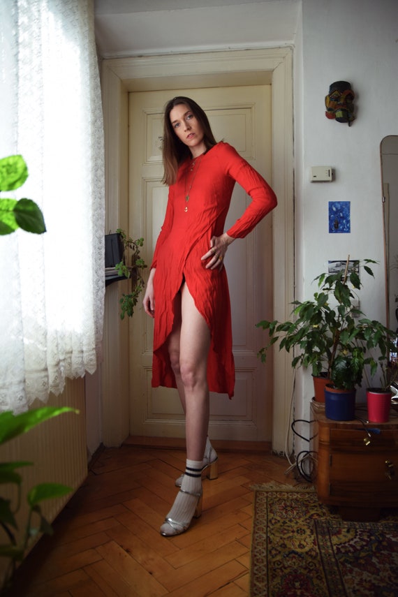 knee length dresses for ladies Red Long Sleeve Square Neck Mini Dress Large main image 0