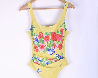 Vintage One Piece Amarillo 90s Floral Flower Print Swimsuit 1990 Small Size S