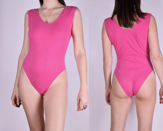 Vintage Pink Sleeveless Bodysuit COTTON BODYSUIT Top Blouse Round Neckline Leotard  Body Suit High Rise Leotard Medium Size 