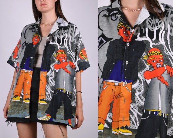 Vintage Size L Manga Character Shirt Short Sleeved Anime Shirt Y2K Shirt Summer Men's Shirt L