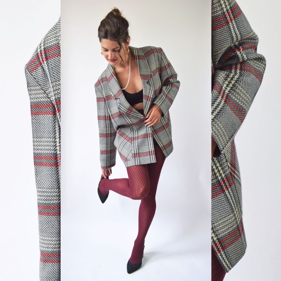 Vintage red and gray plaid blazer, oversized 80s w