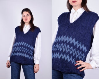 Vintage Blue 90s Wool Knitted Wool V Neck Vest Large Size L