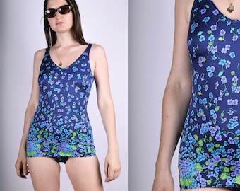 Vintage One Piece Blue 90s Flower Floral Print Swimsuit 1990 Medium Size