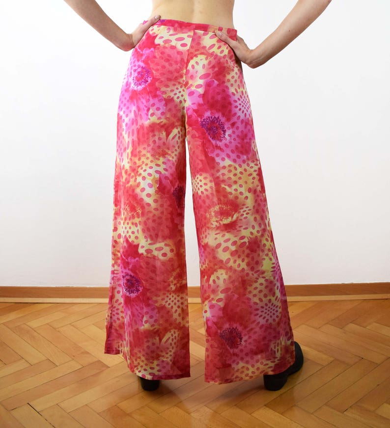 Vintage pink floral pants 70s floral pants high waist pants womens palazzo pants hippie pants palazzo pants small size