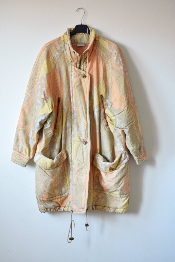 80s colorful parka coat, abstract print parka, ear