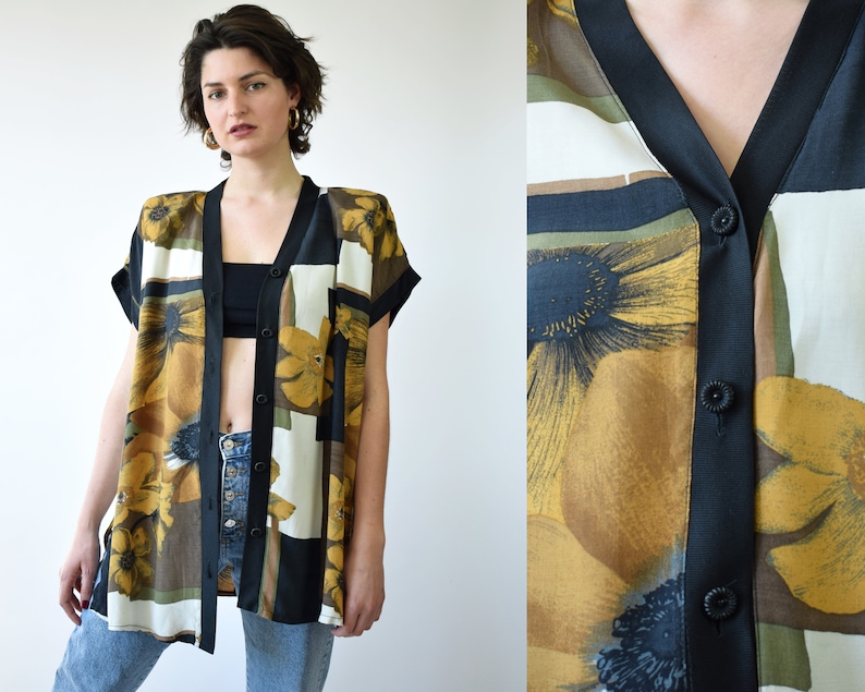 large size long tunic blouse with padded shoulders Vintage floral viscose blouse