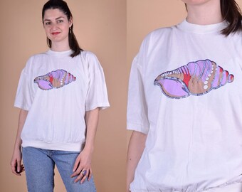 Vintage Weiß Verzierung Shirt 90er Jahre Muschel Hemd Bluse Kurzarm Bluse Baumwolle Top 1980er Boho Vintage Boho Retro medium