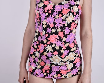 vintage One Piece Flower Print 60s Rose Floral Maillot de Bain 1990 Taille Moyenne M