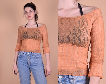 Vintage 00er Orange Spitze Crop Top Bluse SHEER Spitze Shirt Y2K Boho Top Floral Vintage Romantisch Boho 3/4 Ärmel Medium M