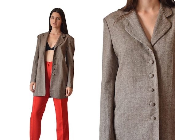 Long blazer, elegant blazer, vintage blazer, 80s blazer, 80s clothing, classic blazer, padded shoulders, brown blazer, size 9, retro blazer