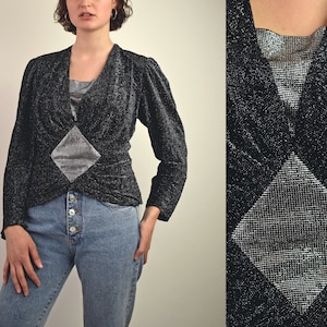 Top vintage anni &#39;80 con paillettes, spalle forti 80s top, taglia media