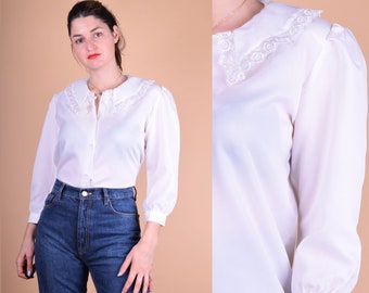 White Lace Collar Women's 1980s Long Sleeve Blouse Size S/M