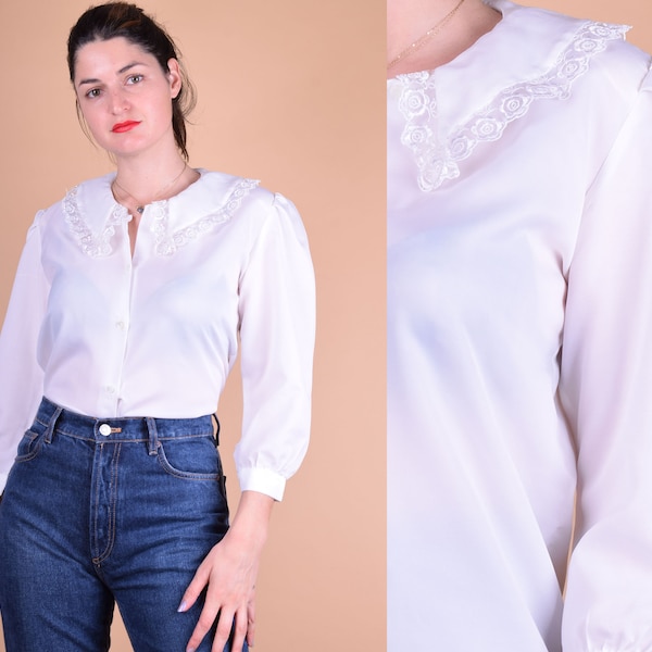 White Lace Collar Women's 1980s Long Sleeve Blouse Size S/M