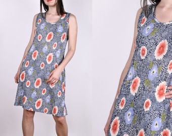 Vintage 90s Flower Pattern Dress 1990 Blue Dress Medium size M