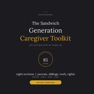 以下が含まれることがあります： The Sandwich Generation Caregiver Toolkitというタイトルのデジタル文書で、サブタイトルはyou can't pour from an empty cupです。85個のスクリプト、親、兄弟、仕事、権利に関する8つのセクション、およびインスタントダウンロードボタンが含まれています。
