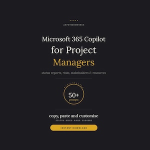 May include: A digital product graphic with a dark background featuring the text Microsoft 365 Copilot for Project Managers, status reports, risks, stakeholders & resources, 50+ prompts, copy, paste and customise, and an Instant Download button.