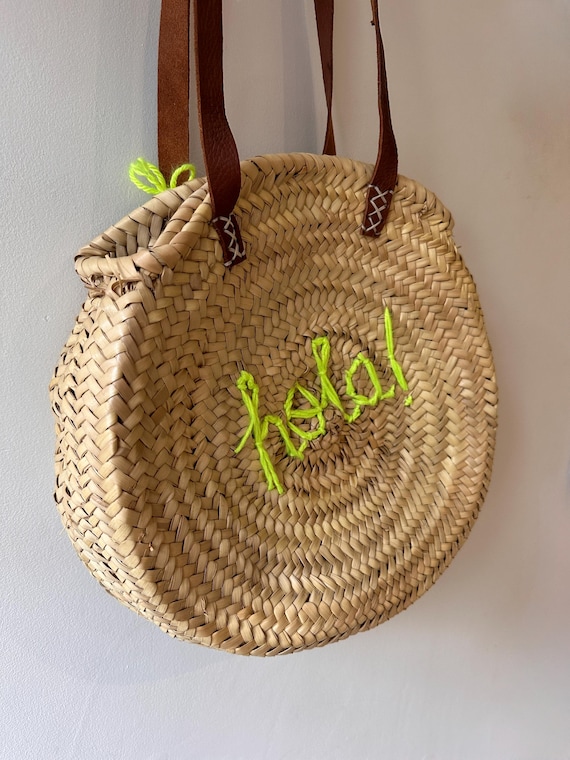 Round embroidered Moroccan basket with leather handles